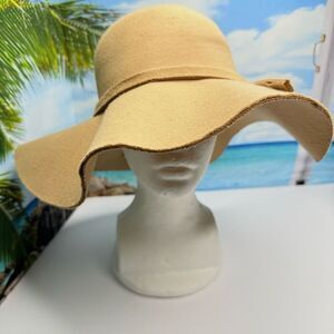 Wide Brim Camel Felt Floppy Hat w/ Bow Accent Tan Light Brown